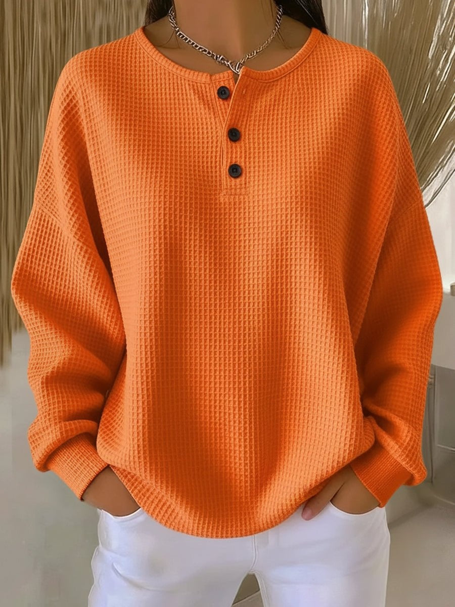 Adriana | Camisola Waffle Mulher Manga Longa Botões Henley Oversize