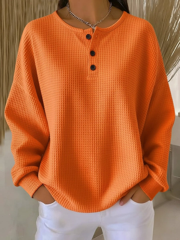 Adriana | Camisola Waffle Mulher Manga Longa Botões Henley Oversize