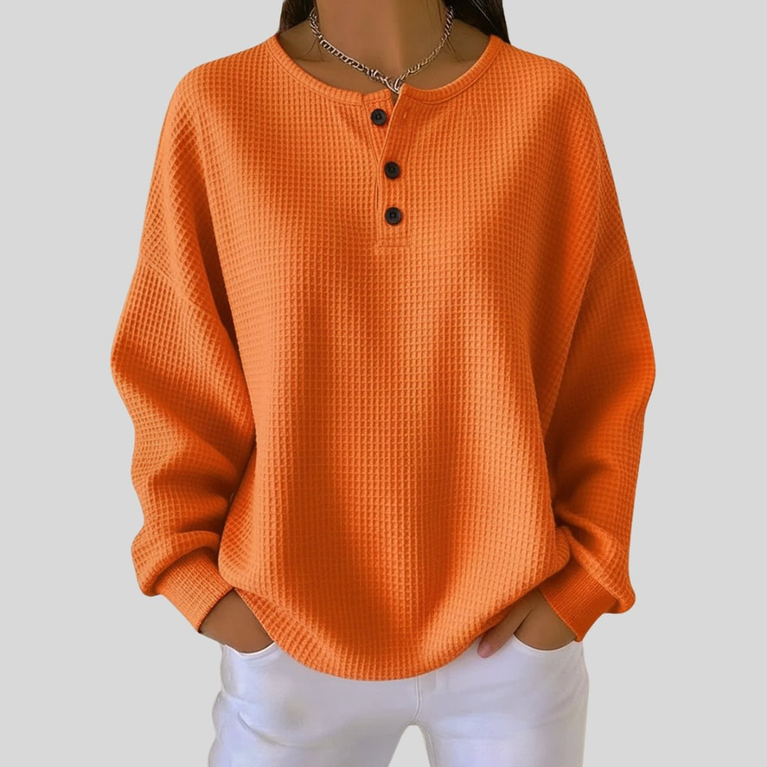 Adriana | Camisola Waffle Mulher Manga Longa Botões Henley Oversize