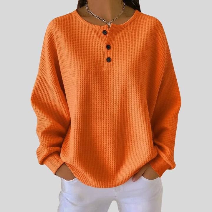 Adriana | Camisola Waffle Mulher Manga Longa Botões Henley Oversize