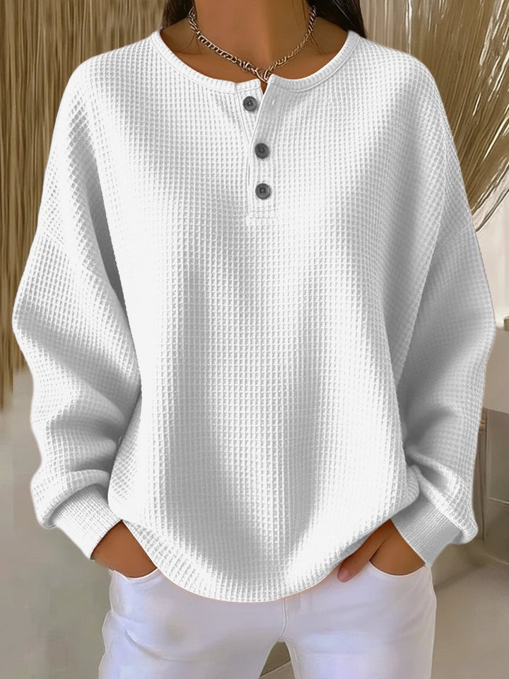Adriana | Camisola Waffle Mulher Manga Longa Botões Henley Oversize
