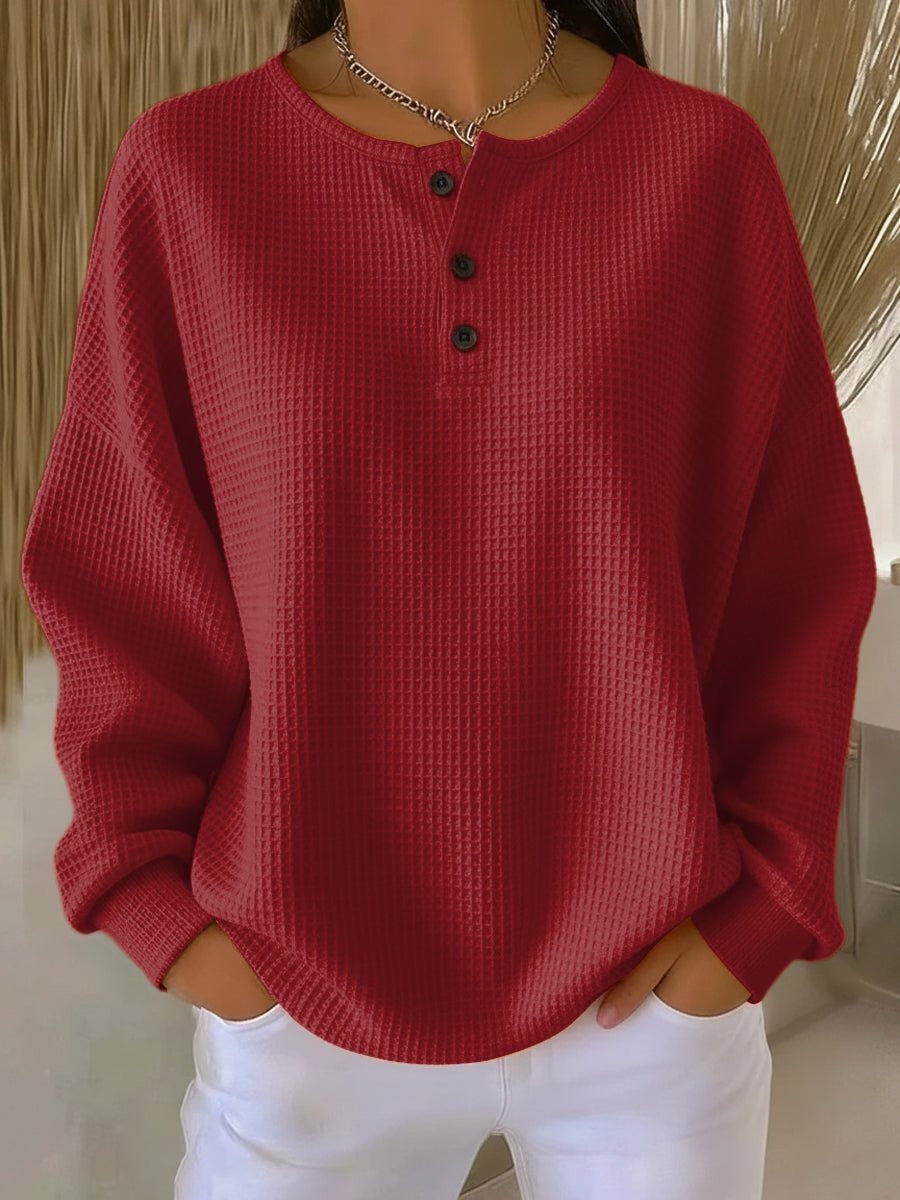 Adriana | Camisola Waffle Mulher Manga Longa Botões Henley Oversize