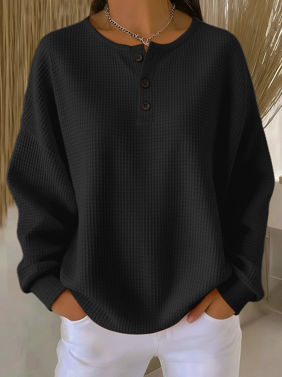 Adriana | Camisola Waffle Mulher Manga Longa Botões Henley Oversize