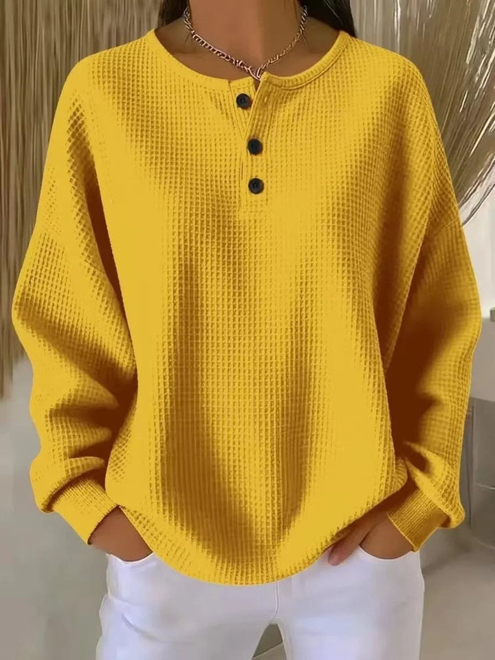 Adriana | Camisola Waffle Mulher Manga Longa Botões Henley Oversize