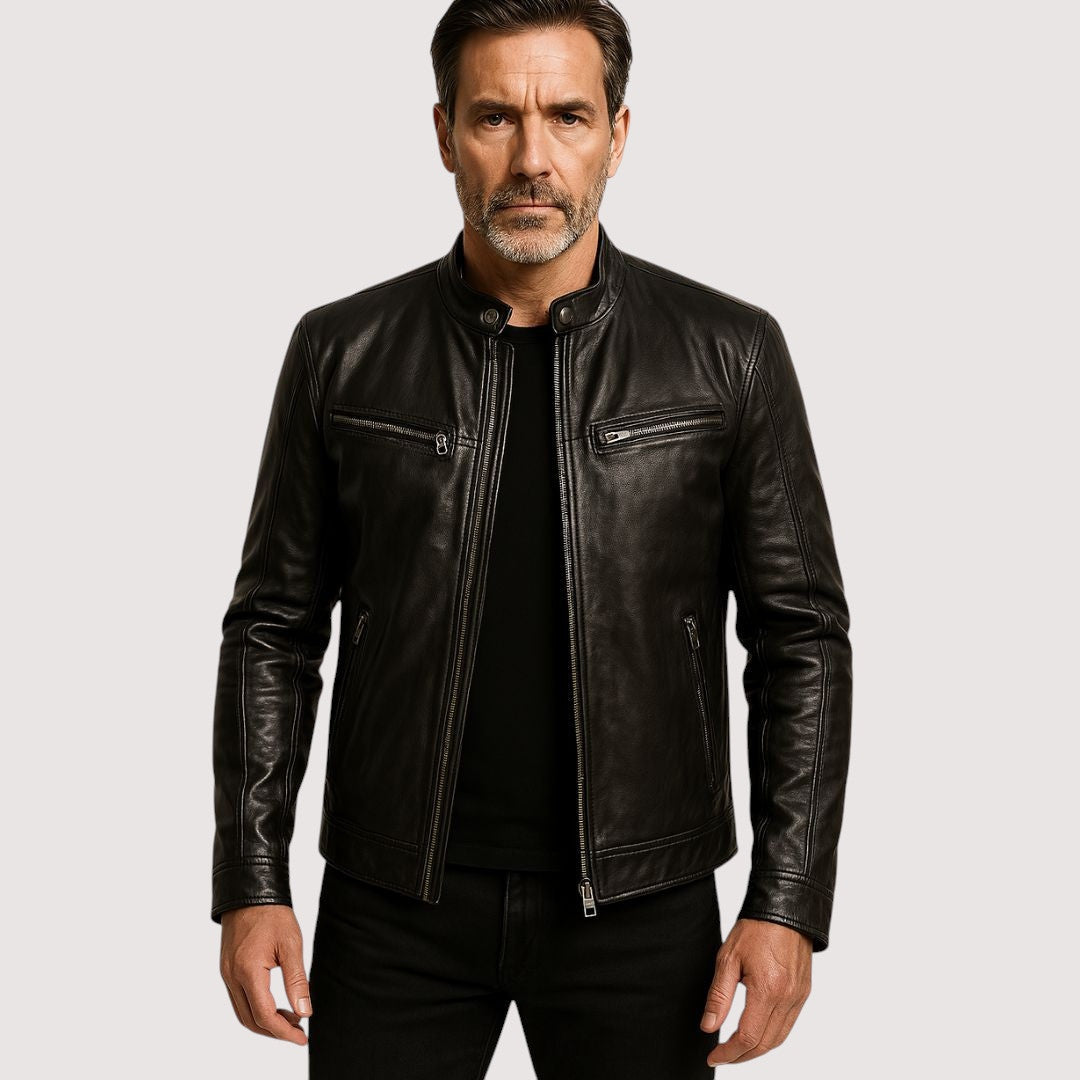 Álvaro | Casaco de Couro Biker Homem Gola Mao com Bolsos