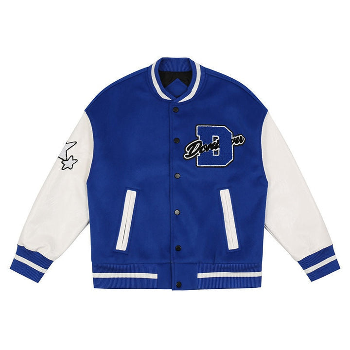 André | Varsity Jacket Homem com Patches Estilo Universitário