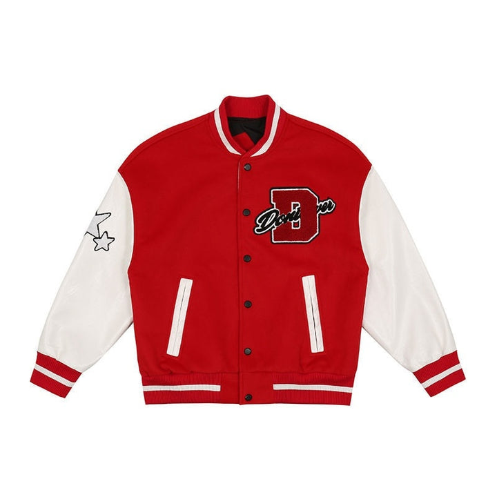 André | Varsity Jacket Homem com Patches Estilo Universitário