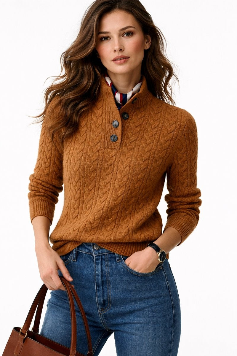 Beatriz | Camisola de Lã Mulher Tricô Trançado Gola com Botões