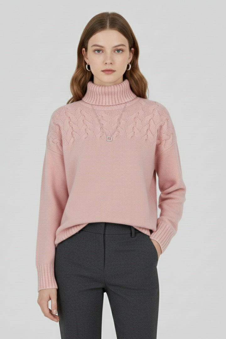 Beatriz | Camisola de Malha Gola Alta Mulher Padrão Cable Knit