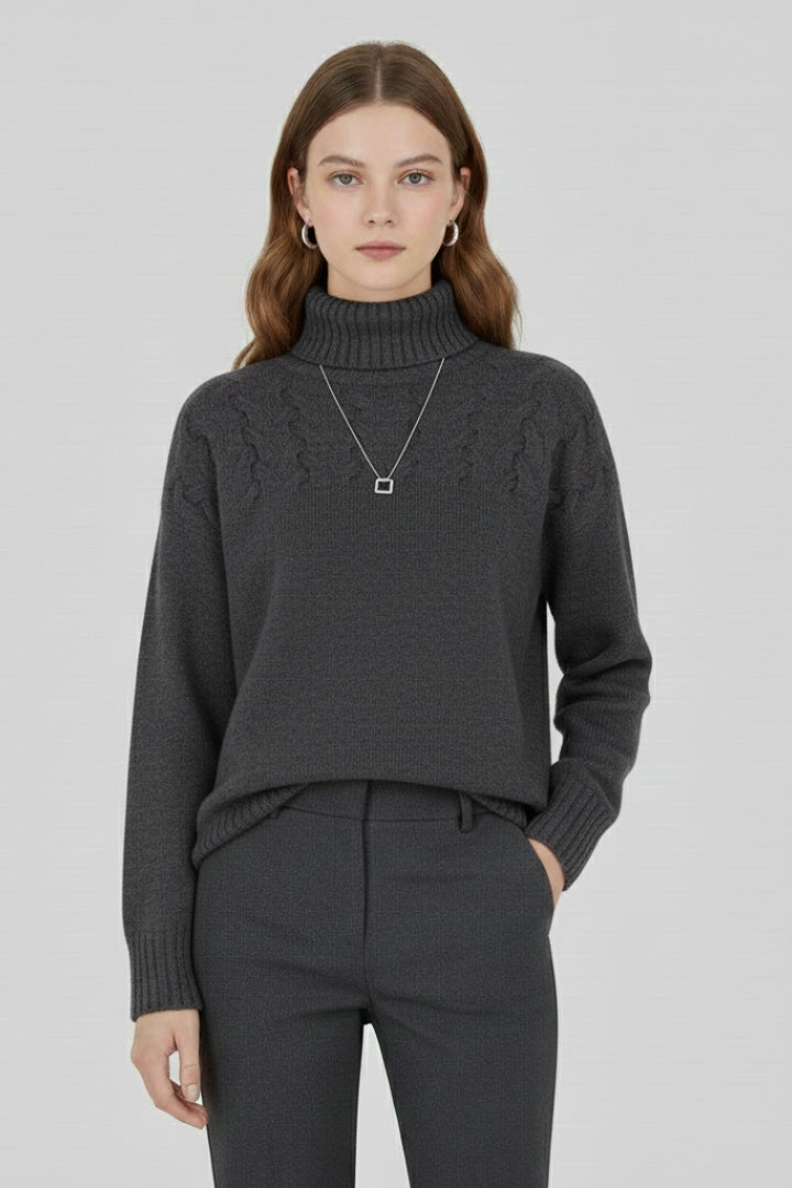 Beatriz | Camisola de Malha Gola Alta Mulher Padrão Cable Knit