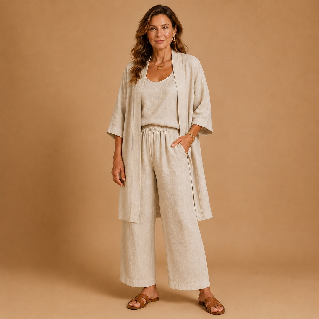 Beatriz | Conjunto de Linho Kimono Mulher Top e Calças