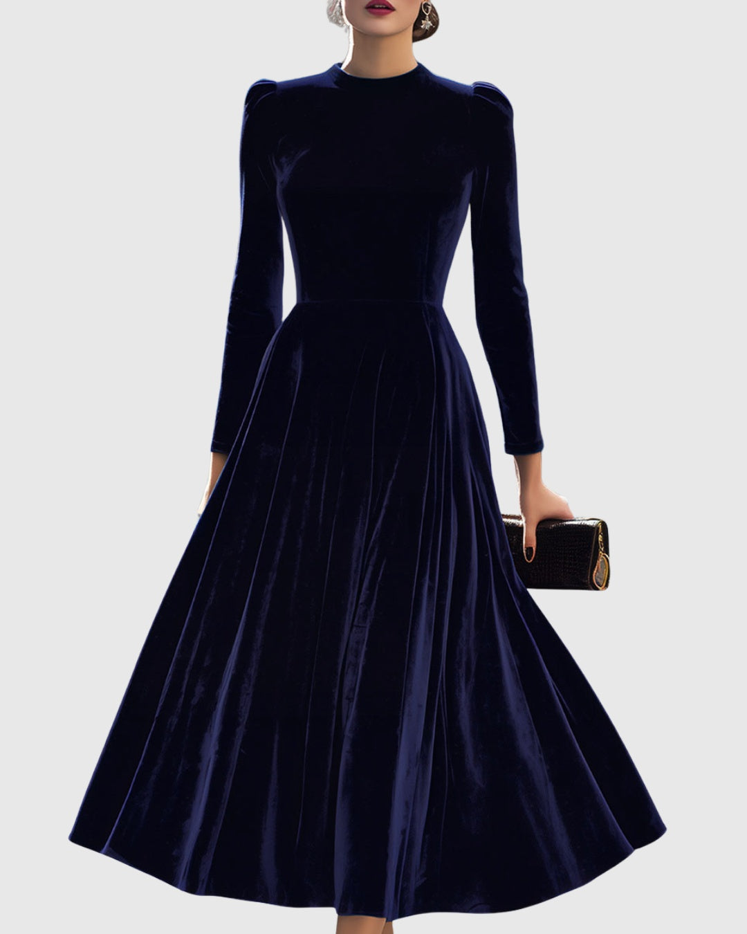 Beatriz | Vestido Veludo Midi Manga Comprida Mulher Gola Redonda