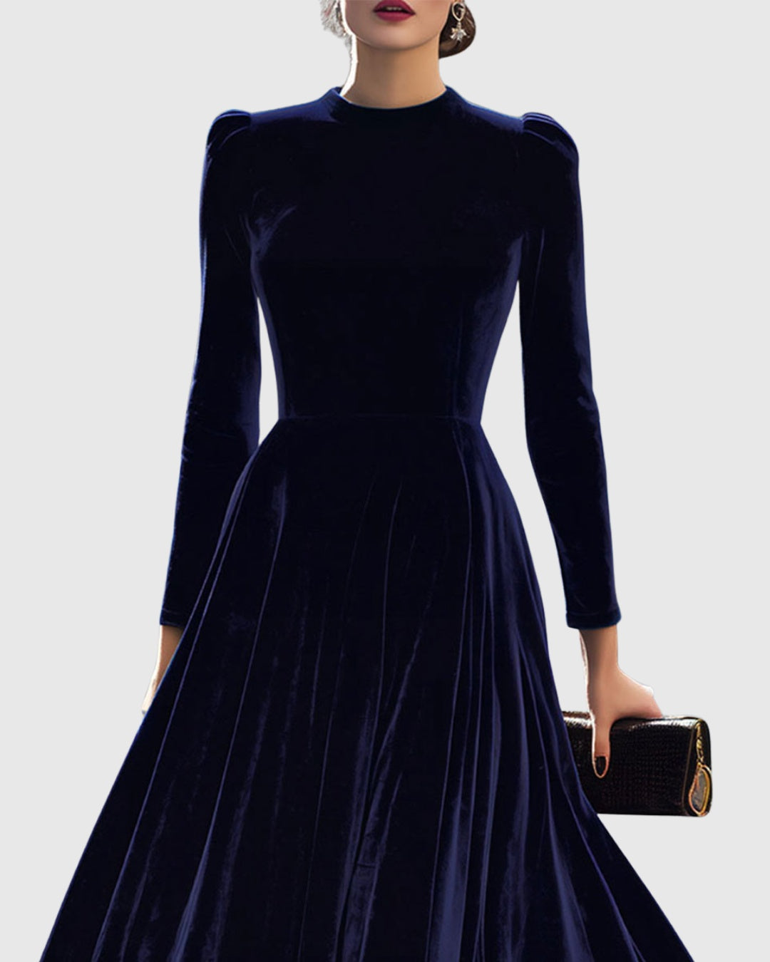 Beatriz | Vestido Veludo Midi Manga Comprida Mulher Gola Redonda