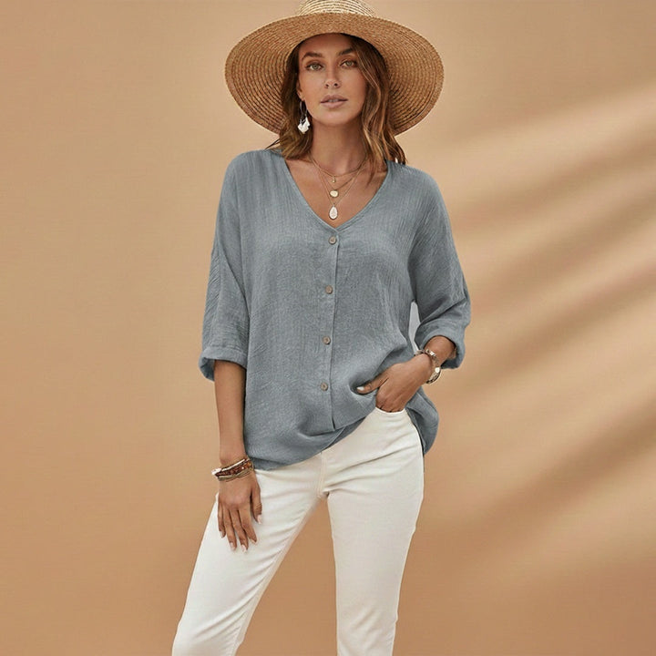 Rosa | Blusa Decote V Botões Mulher Manga 3/4