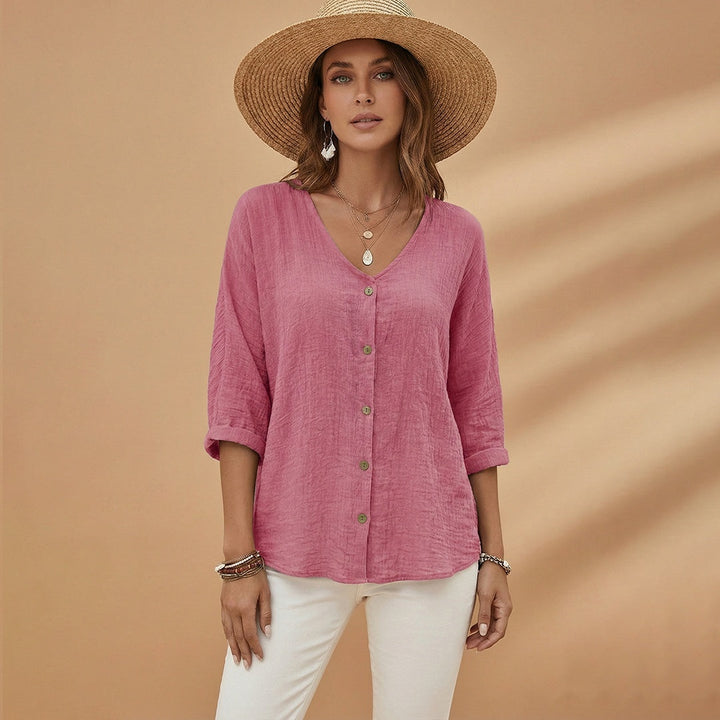 Rosa | Blusa Decote V Botões Mulher Manga 3/4