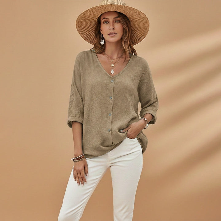 Rosa | Blusa Decote V Botões Mulher Manga 3/4