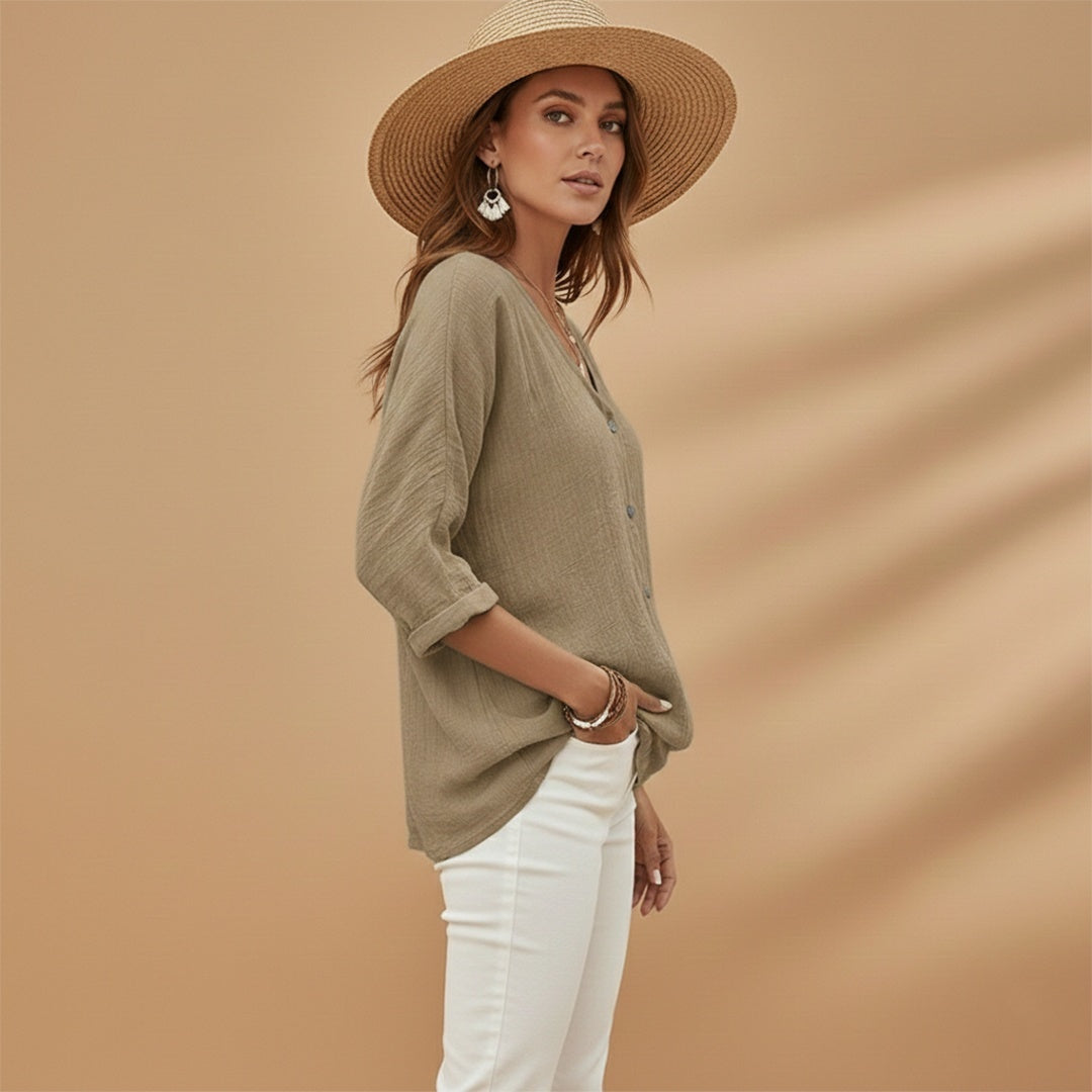 Rosa | Blusa Decote V Botões Mulher Manga 3/4