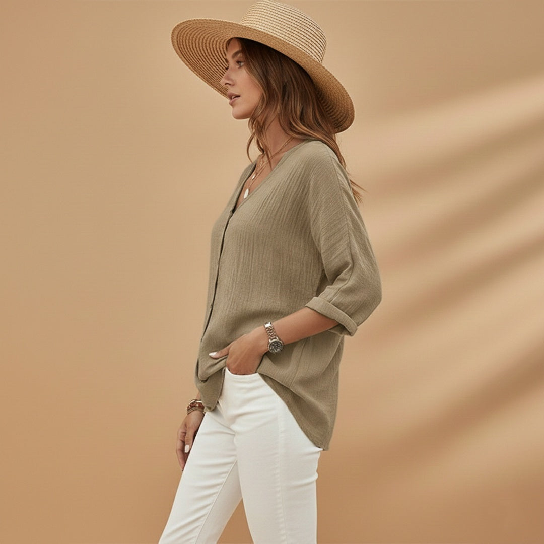 Rosa | Blusa Decote V Botões Mulher Manga 3/4