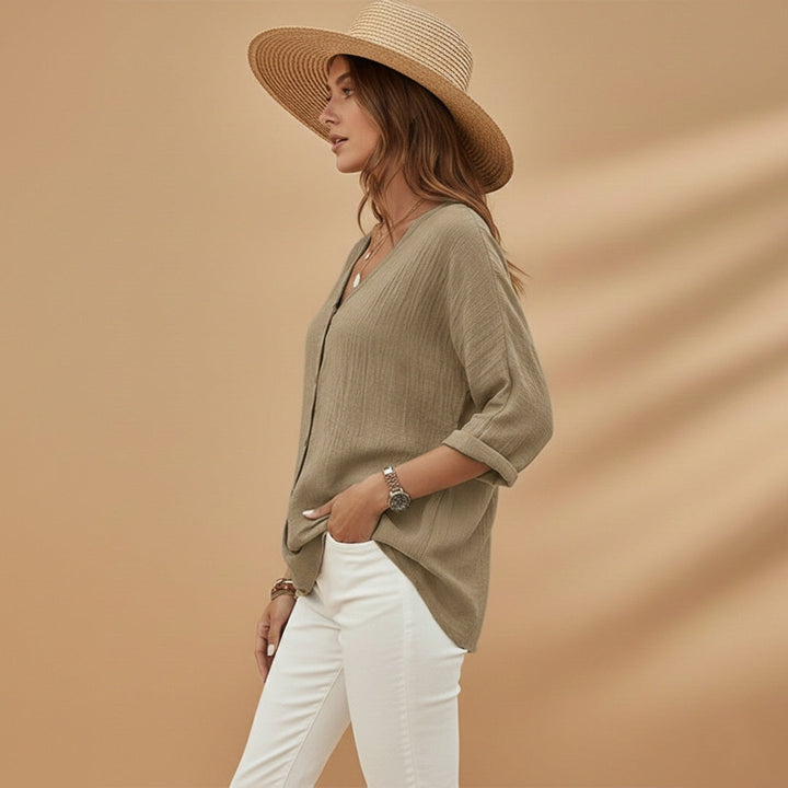 Rosa | Blusa Decote V Botões Mulher Manga 3/4
