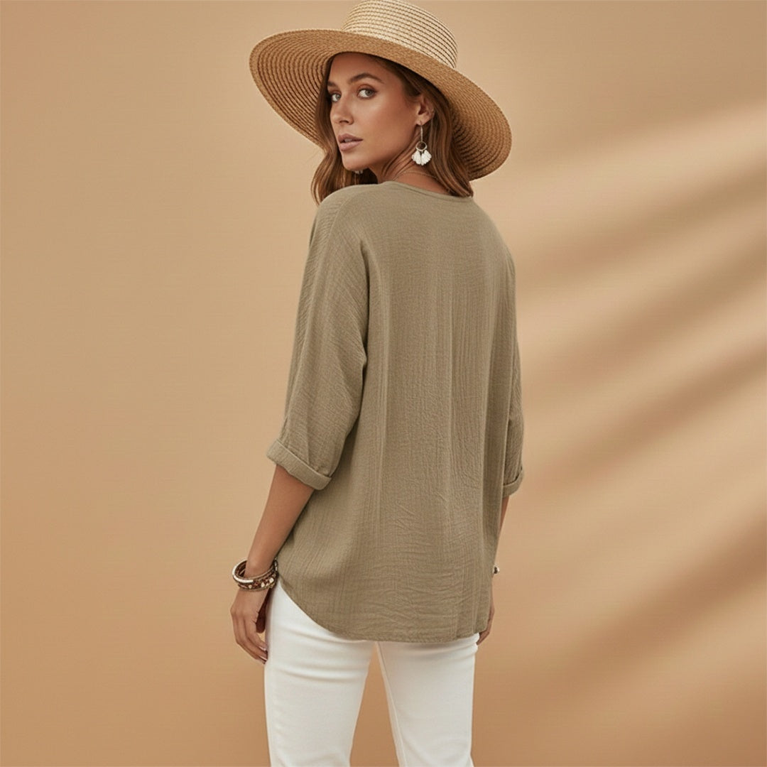 Rosa | Blusa Decote V Botões Mulher Manga 3/4