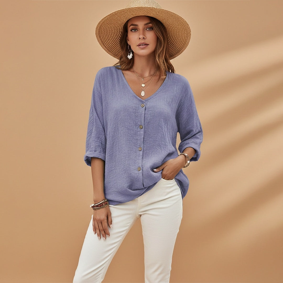 Rosa | Blusa Decote V Botões Mulher Manga 3/4