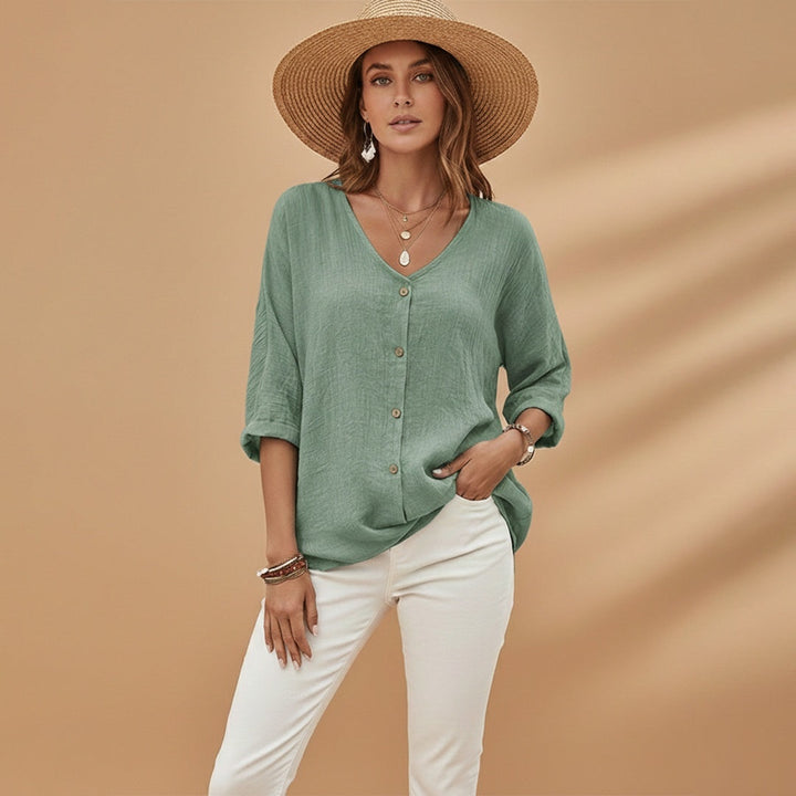 Rosa | Blusa Decote V Botões Mulher Manga 3/4