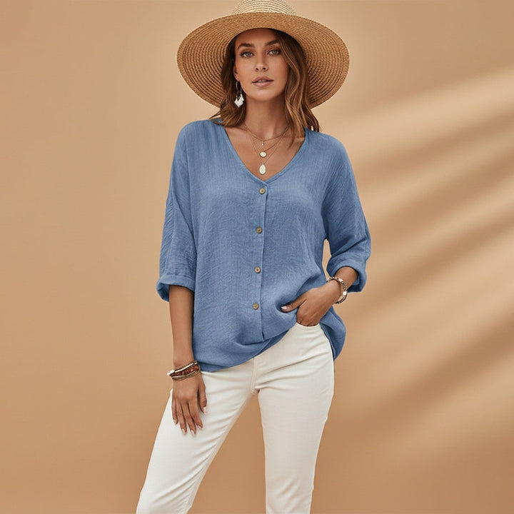 Rosa | Blusa Decote V Botões Mulher Manga 3/4