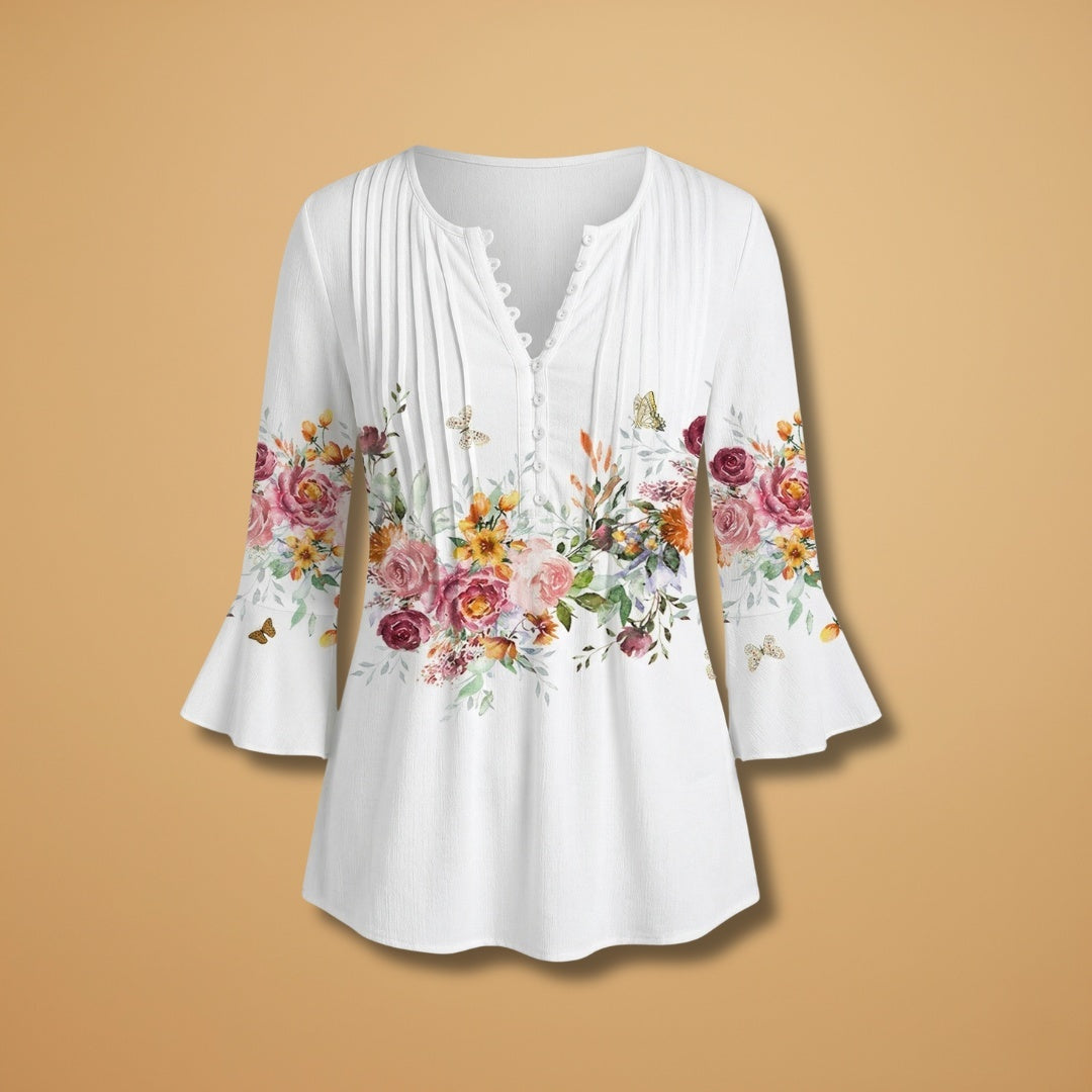 Carmem | Blusa Estampada Floral Manga Sino Mulher Decote V