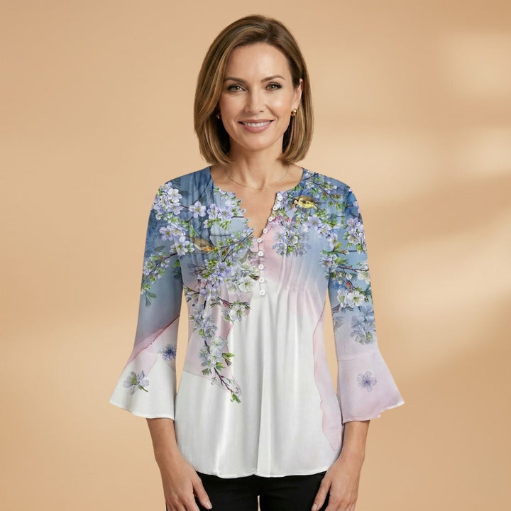 Carmem | Blusa Estampada Floral Manga Sino Mulher Decote V