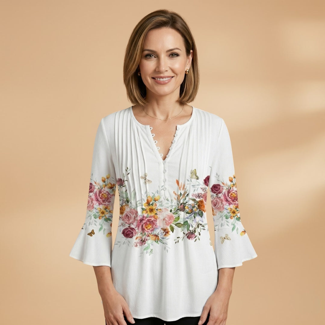 Carmem | Blusa Estampada Floral Manga Sino Mulher Decote V