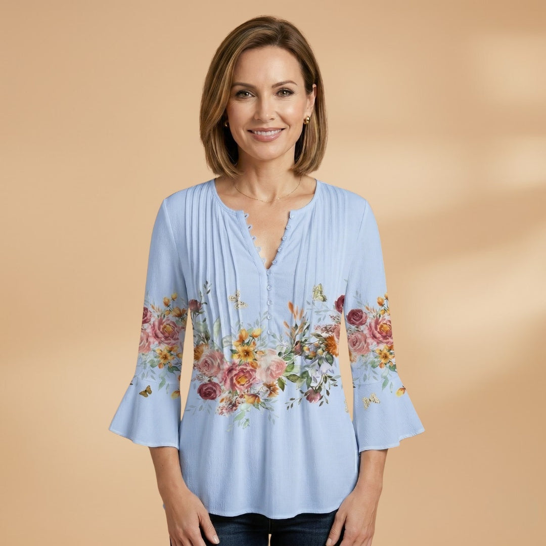 Carmem | Blusa Estampada Floral Manga Sino Mulher Decote V