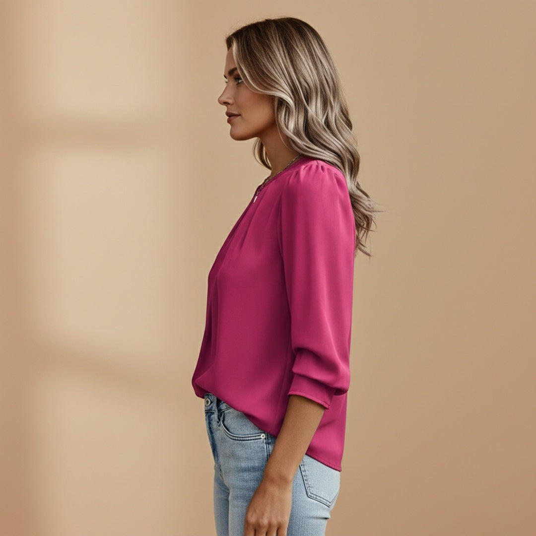 Sílvia | Blusa Pregueada Manga Três Quartos Mulher Decote Redondo