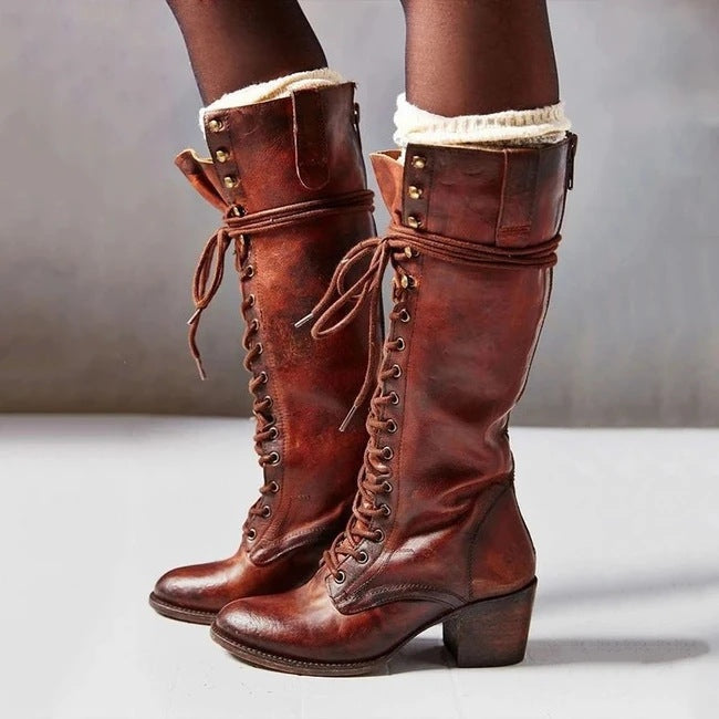 Bruna | Botas Militares de Couro Mulher Cano Alto com Atacadores