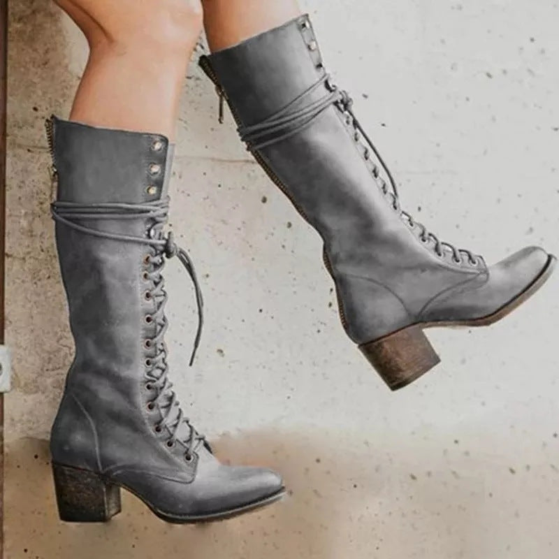 Bruna | Botas Militares de Couro Mulher Cano Alto com Atacadores