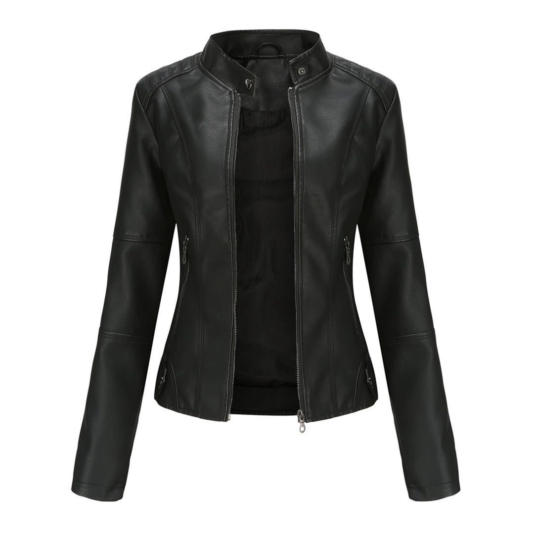 Bruna | Casaco Couro Mulher Biker Gola Mandarim Fecho Frontal