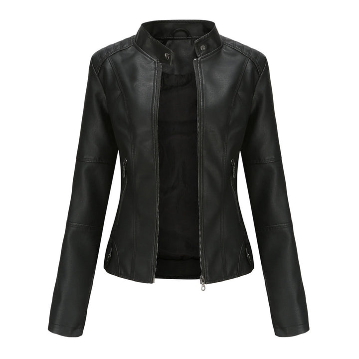 Bruna | Casaco Couro Mulher Biker Gola Mandarim Fecho Frontal
