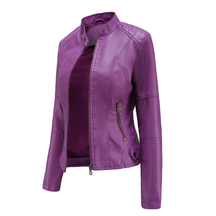 Bruna | Casaco Couro Mulher Biker Gola Mandarim Fecho Frontal