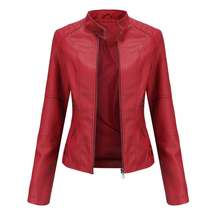 Bruna | Casaco Couro Mulher Biker Gola Mandarim Fecho Frontal