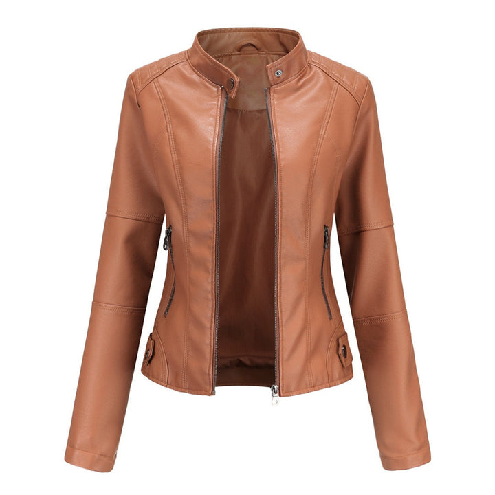 Bruna | Casaco Couro Mulher Biker Gola Mandarim Fecho Frontal