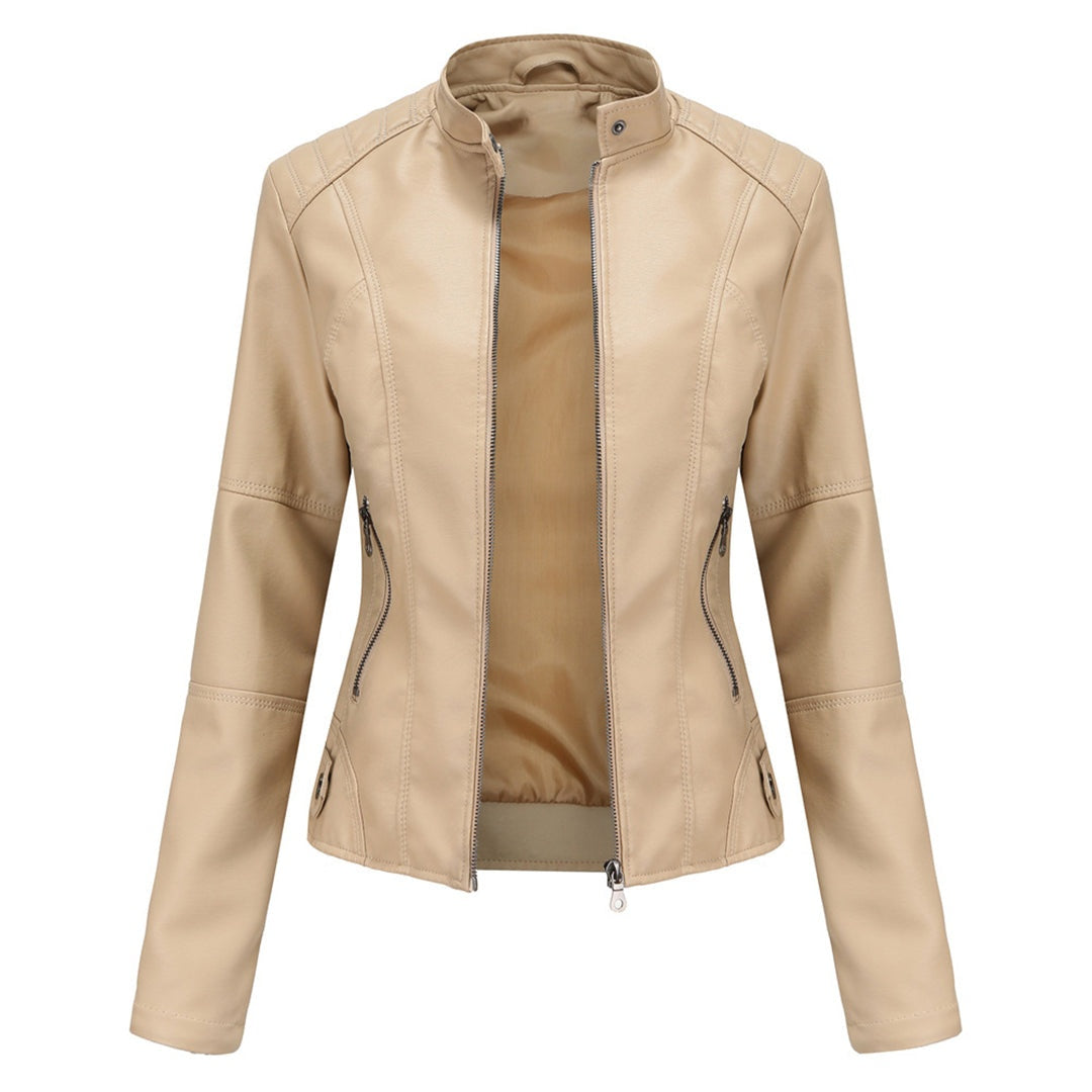 Bruna | Casaco Couro Mulher Biker Gola Mandarim Fecho Frontal