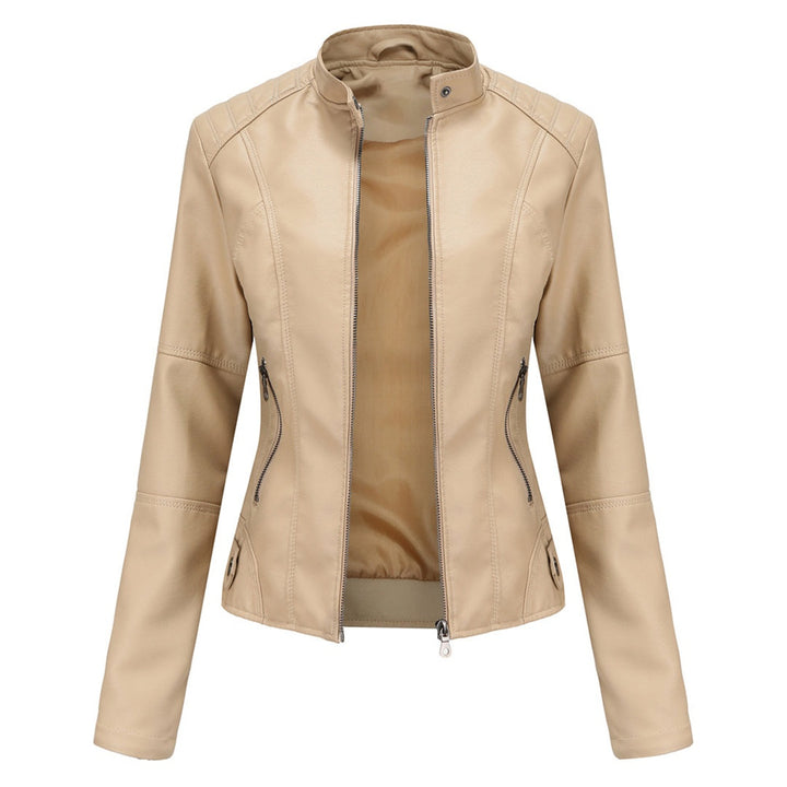 Bruna | Casaco Couro Mulher Biker Gola Mandarim Fecho Frontal