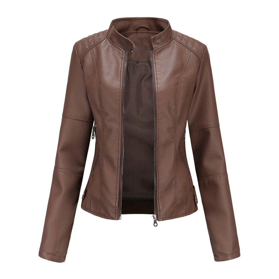 Bruna | Casaco Couro Mulher Biker Gola Mandarim Fecho Frontal