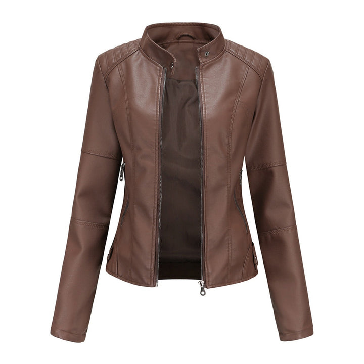 Bruna | Casaco Couro Mulher Biker Gola Mandarim Fecho Frontal