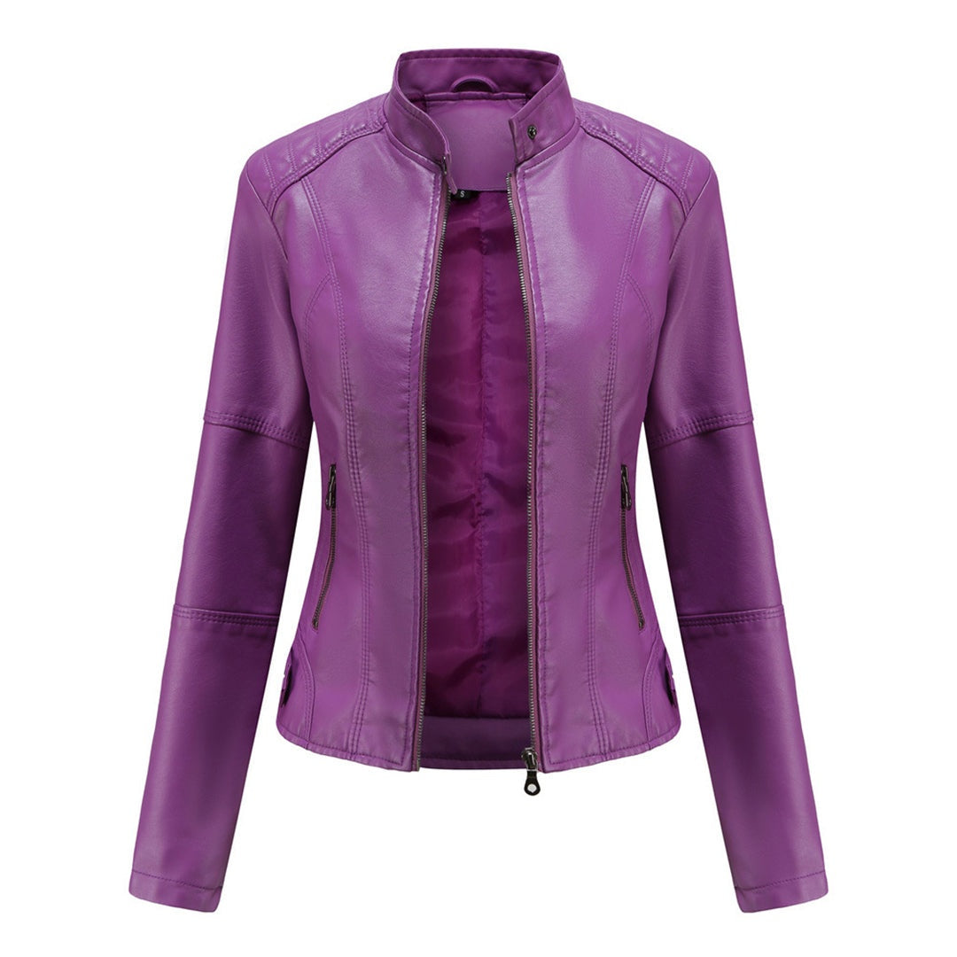Bruna | Casaco Couro Mulher Biker Gola Mandarim Fecho Frontal