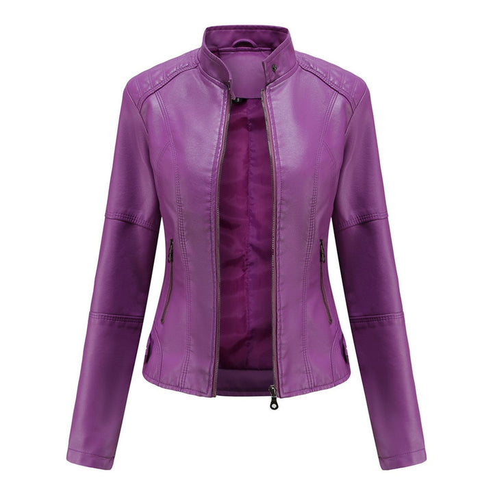 Bruna | Casaco Couro Mulher Biker Gola Mandarim Fecho Frontal