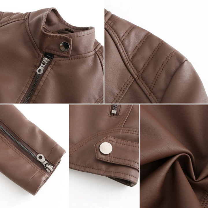 Bruna | Casaco Couro Mulher Biker Gola Mandarim Fecho Frontal
