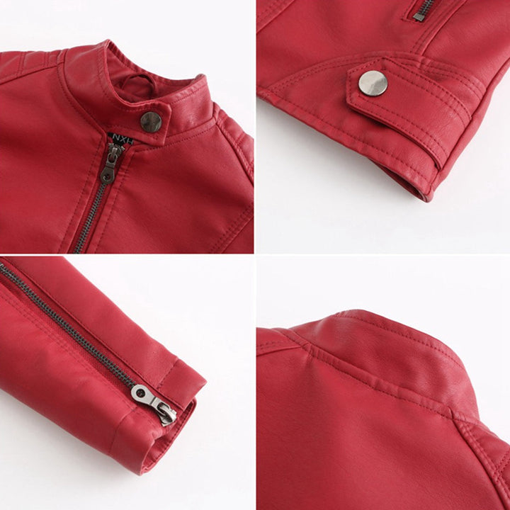 Bruna | Casaco Couro Mulher Biker Gola Mandarim Fecho Frontal