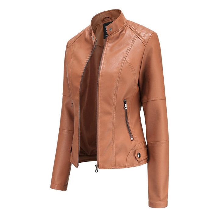Bruna | Casaco Couro Mulher Biker Gola Mandarim Fecho Frontal