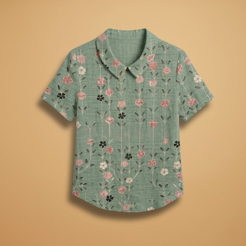 Joana | Camisa de Linho Floral Mulher Manga Curta