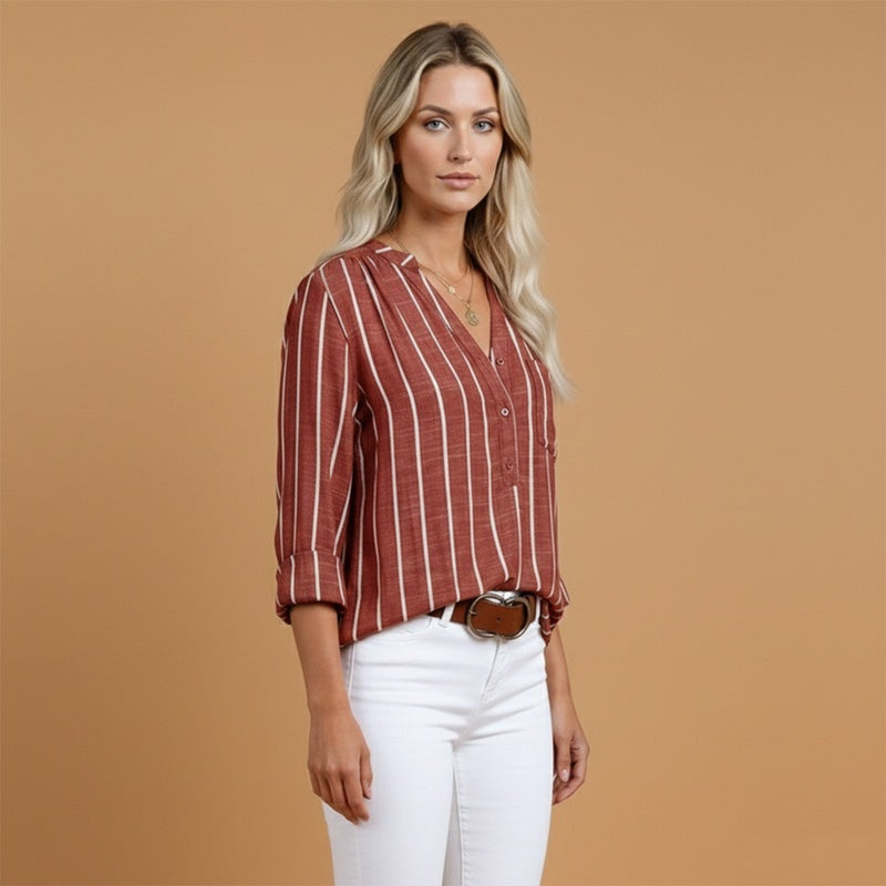 Dulce | Camisa de Linho Risca Vertical Mulher Manga Comprida